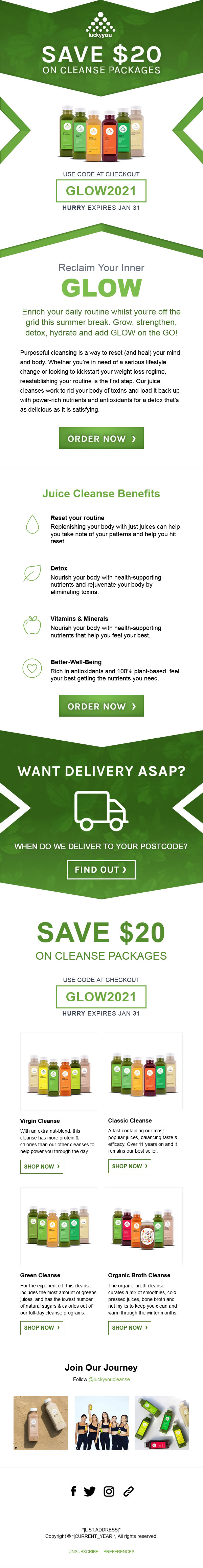 "Lucky You Cleanse SAVE Mailer" MailChimp Template Design