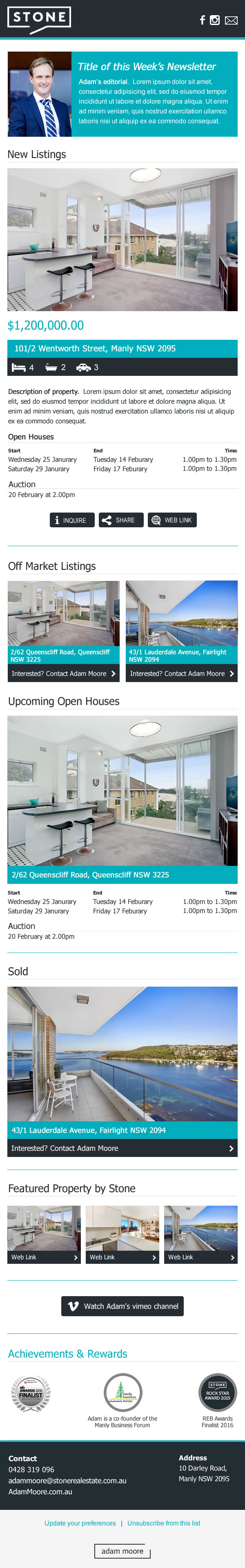 Email template design for "Adam Moore - Stone Real Estate" MailChimp Template