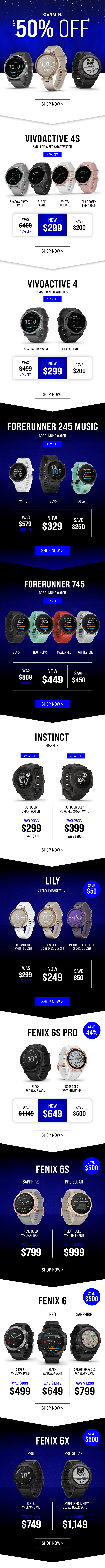 Email template design for "Garmin Sports Watch 50% Off Sale"